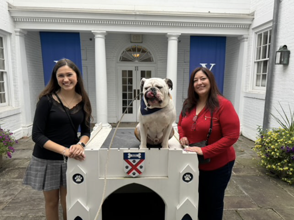 Cabral and her tía pose with Handsome Dan, Yale University's mascot, during Yale's Family Weekend in September 2024. (Photo credit: The Mead Visitor Center)